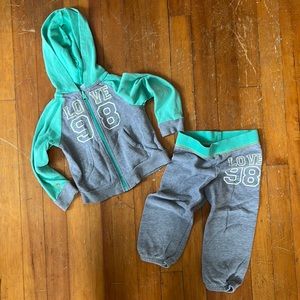 Healthtex matching sweatsuit. Gray and mint green with “love 98” lettering. 2T